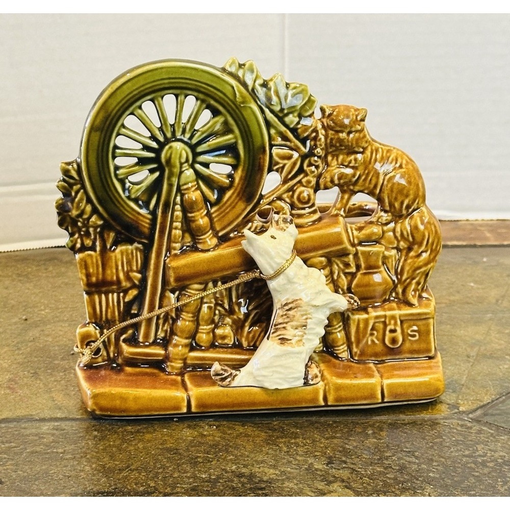 Vintage 1950's McCoy Pottery Planter Spinning Wheel Barking Scottie Dog Cat